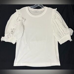 Sandro Paris White Mixed Media Ruffle Pleated Sleeve Quiet Luxury Top Size 2 (M)